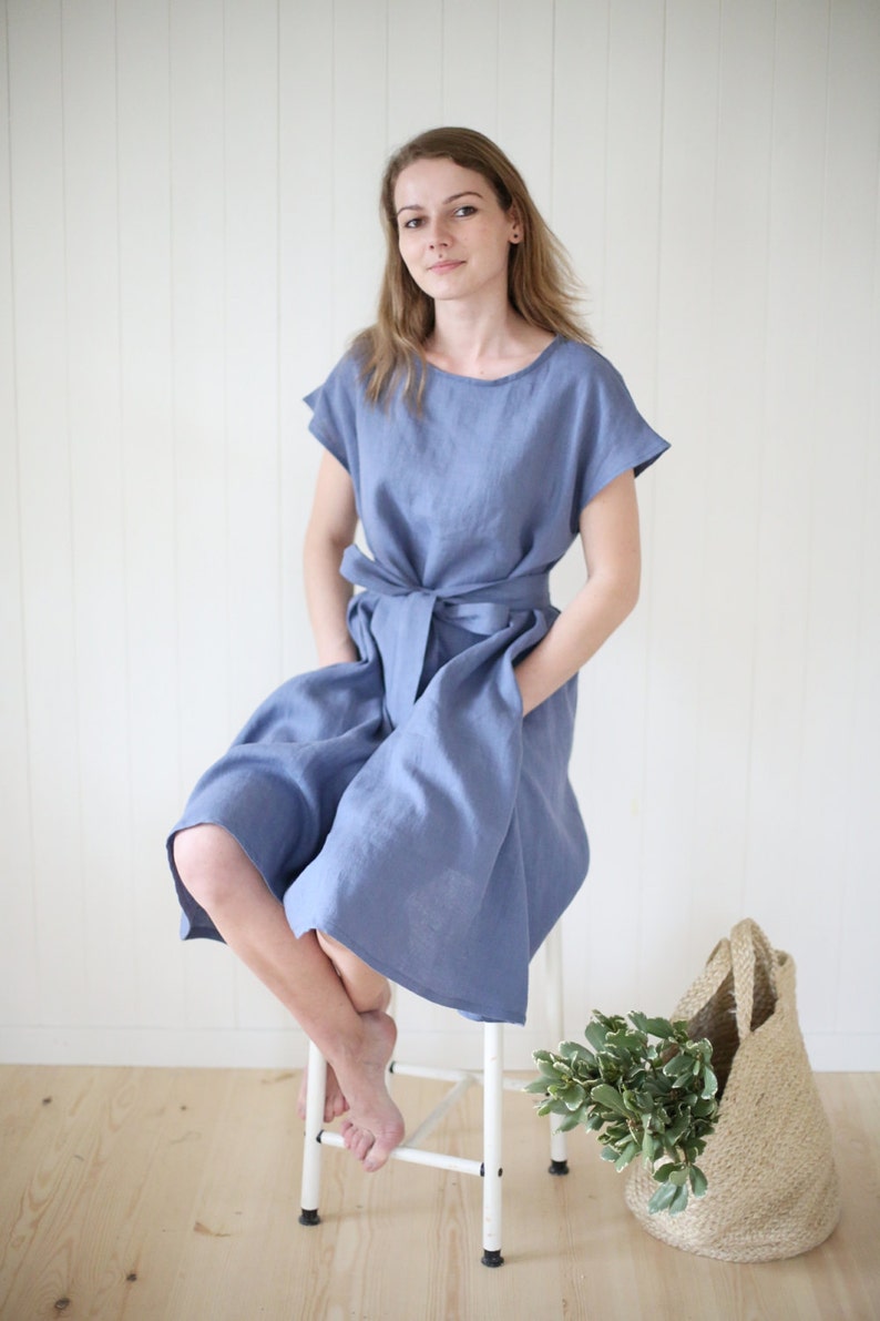 Linen Dress With Wide Skirt Women Dress With Waist Ribbon Oversized Dress Women dress Long Wide Dress Date Dress image 2