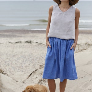 Bellow The Knee Length Linen Skirt With Elastic Waist Washed Linen Skirt With Pockets Wide Skirt Midi Linen Skirt Mid Rise Waist image 3