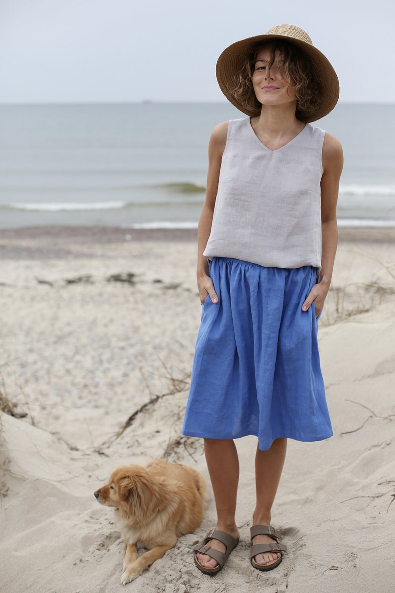 Bellow The Knee Length Linen Skirt With Elastic Waist Washed Linen Skirt With Pockets Wide Skirt Midi Linen Skirt Mid Rise Waist image 3