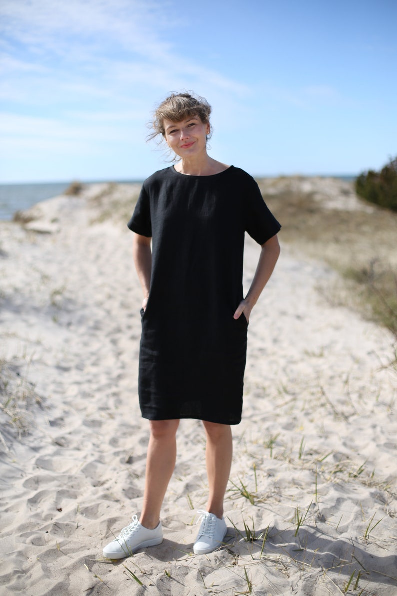 Loose fit linen dress. Knee length, short sleeve linen dress with pockets. Washed linen clothing. Little Black Dress. Minimal Linen Dess. image 6