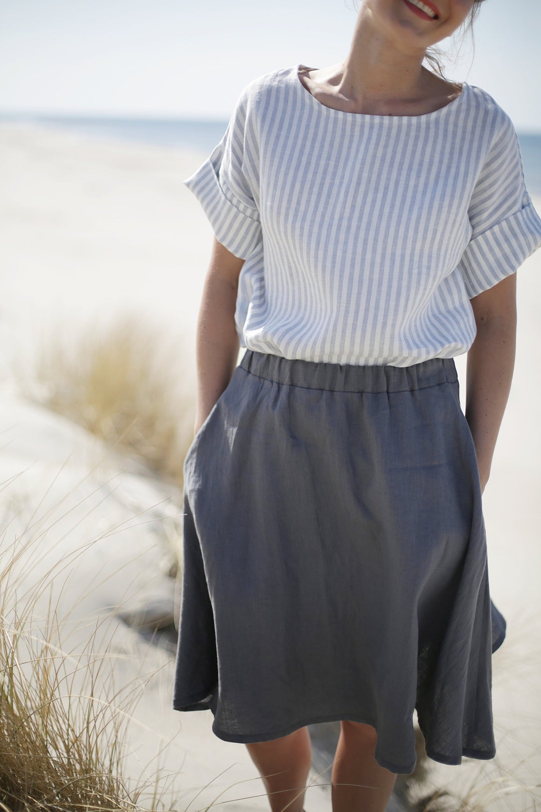 Linen Skirt With Elastic Waist Washed Linen Skirt With - Etsy