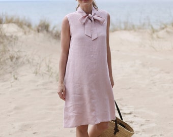 Bow Tie Linen Dress / Midi Linen Dress / Elegant Linen Dress / Sleeveless Dress / Dress with Pockets | Knee Length Dress