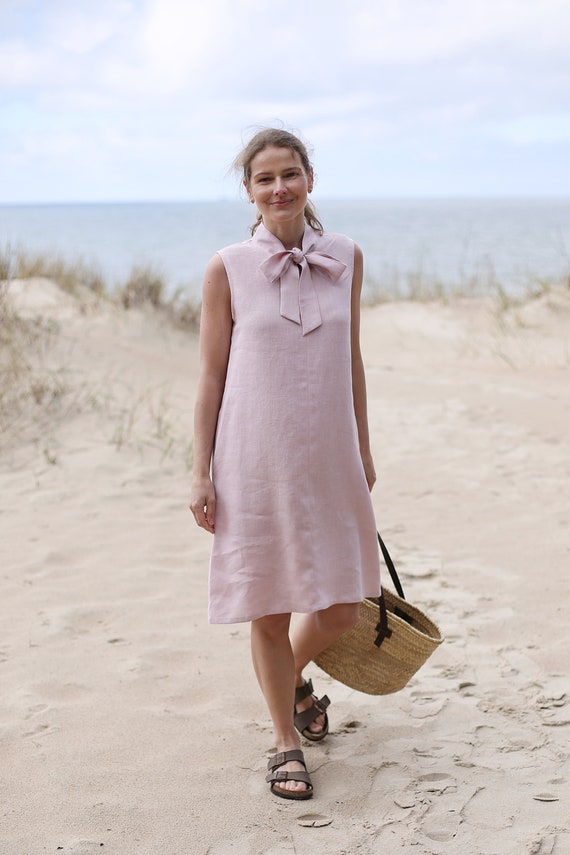 Bow Tie Linen Midi Dress | Sleeveless, Pockets