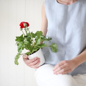 Minimal sleeveless linen blouse in Light Blue. Washed linen handmade top. image 2