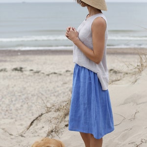 Bellow The Knee Length Linen Skirt With Elastic Waist Washed Linen Skirt With Pockets Wide Skirt Midi Linen Skirt Mid Rise Waist image 4