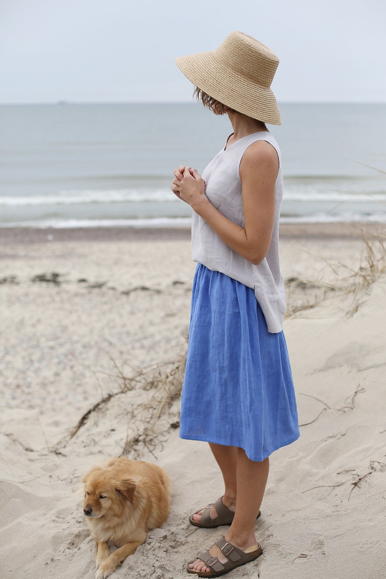 Bellow The Knee Length Linen Skirt With Elastic Waist Washed Linen Skirt With Pockets Wide Skirt Midi Linen Skirt Mid Rise Waist image 4