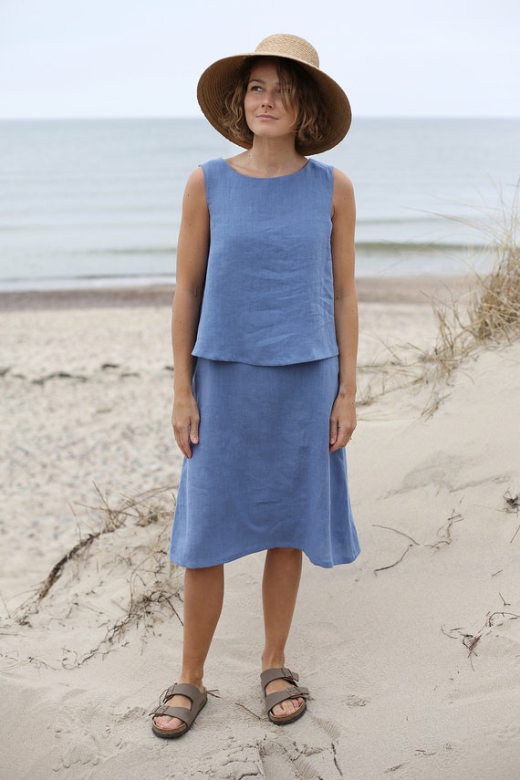 Blue Layered Linen Dress, Summer Tunic with Pockets