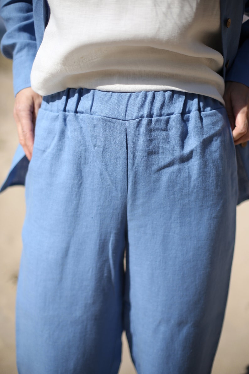 Loose Fit Linen Pants High Waist Wide Leg Linen Pants. Women's Trousers with an elastic waist. Wide Straight Linen Pants with pockets. zdjęcie 4
