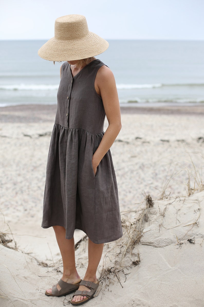 Linen Loose Sleeveless MAMA Dress With Front Buttons In Middi Length Oversized Linen Dress With Side Pockets Washed And Soft Linen Dress image 3