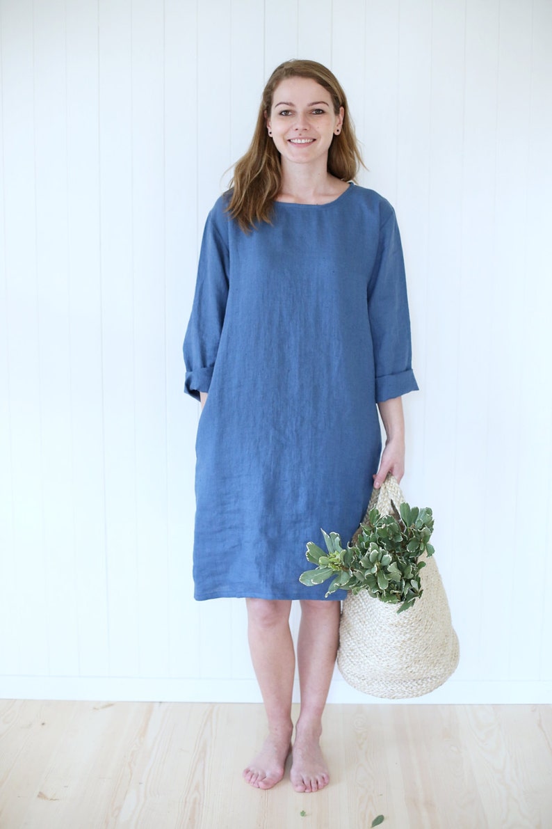 Casual Linen Dress Working Tunica Dress With Side Pockets Tunica Dress Gardening Dress Washed Linen Dress image 3