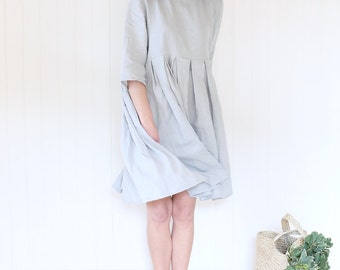 Comfy Linen Dress / Summer Linen / Wide Linen Dress / 3/4 Sleeves Linen Dress / Pleated Linen Dress