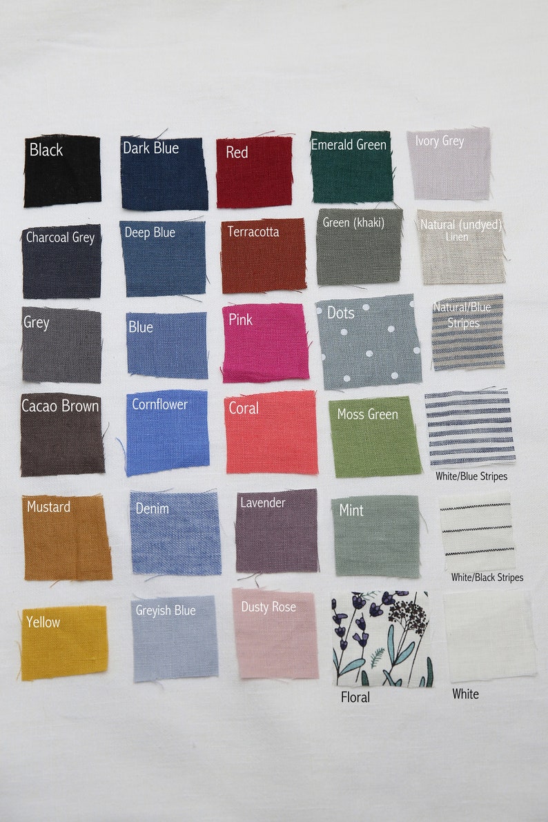 Puede incluir: Una tabla de 25 muestras de tela en varios colores y patrones, incluyendo negro, azul oscuro, rojo, verde esmeralda, gris marfil, gris carb&oacute;n, azul oscuro, terracota, verde, lino natural, lunares, gris, rosa, azul, rayas azul natural, marr&oacute;n cacao, aciano, coral, verde musgo, rayas azul y blanco, mostaza, lavanda, denim, menta, azul gris&aacute;ceo, rosa polvoriento, amarillo, rayas blanco y negro, floral y blanco.