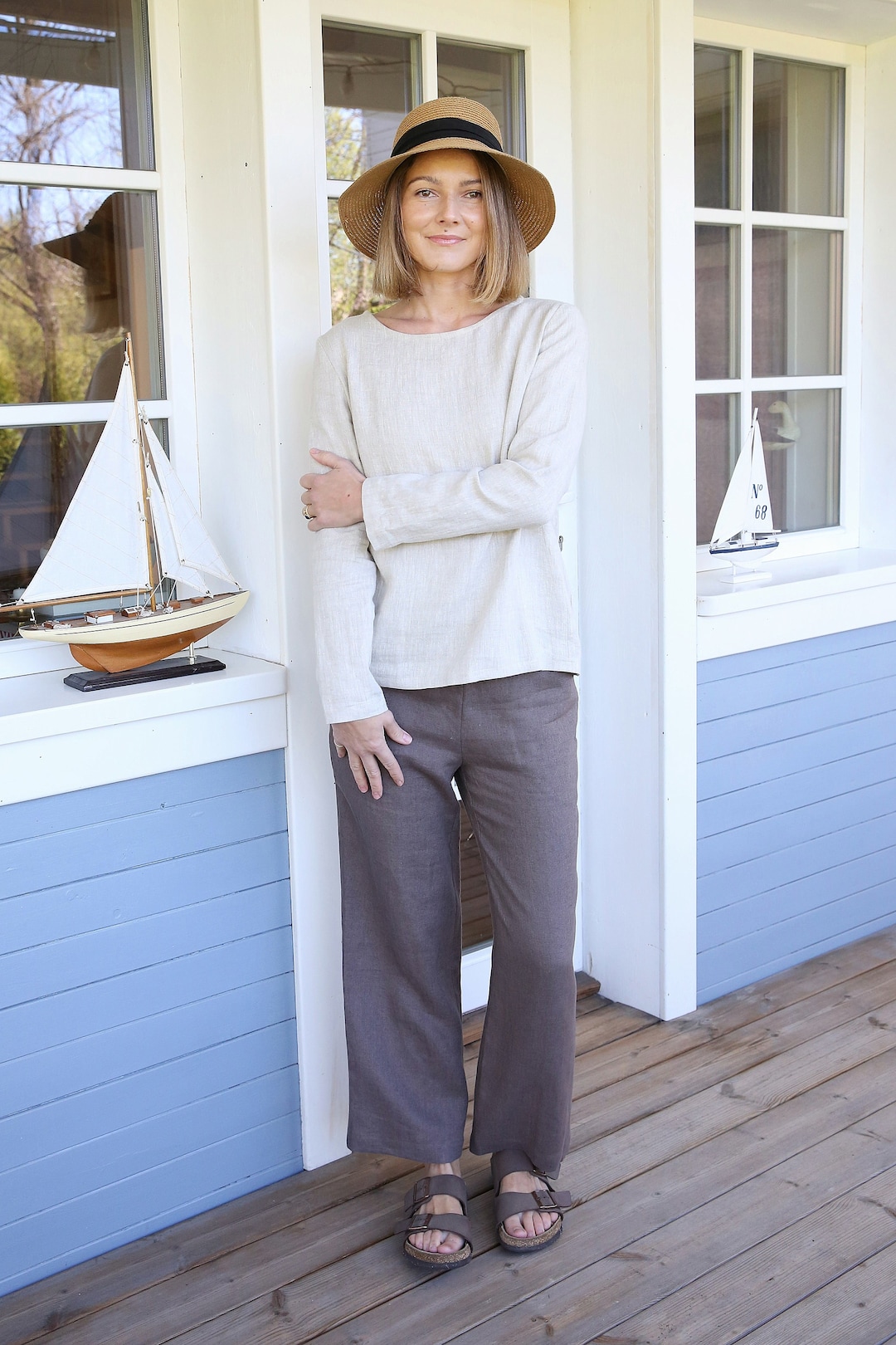 100% Linen Women Straight Leg Pants With Belt main image 0