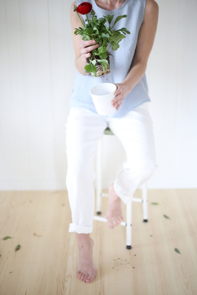 Minimal sleeveless linen blouse in Light Blue. Washed linen handmade top. image 1