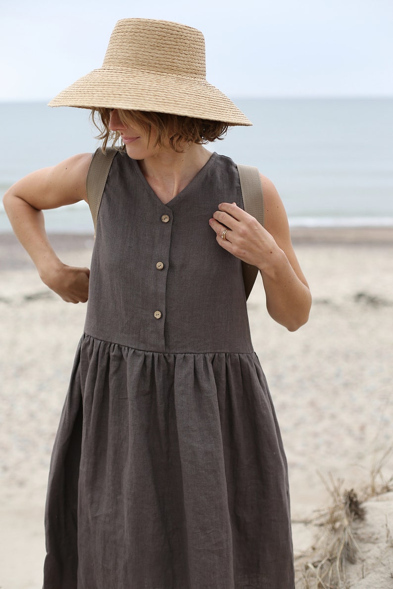 Linen Loose Sleeveless MAMA Dress With Front Buttons In Middi Length Oversized Linen Dress With Side Pockets Washed And Soft Linen Dress image 7