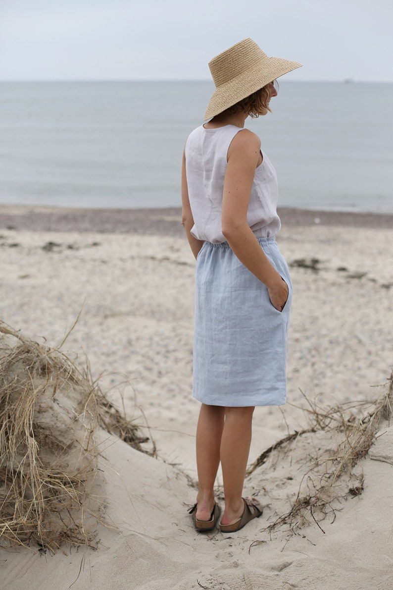 Skirt With Adjustable Waist Midi Skirt Washed Linen Skirt Skirt With Pockets Washed Soft Linen Skirt image 5