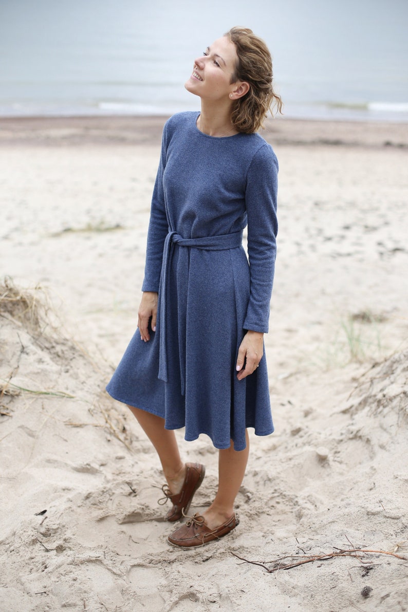 A-Line Eco Wool Dress Long Dress Natural Wool Dress Elegant dress Wide skirt Dress Dress With Belt Occasional Dress image 3