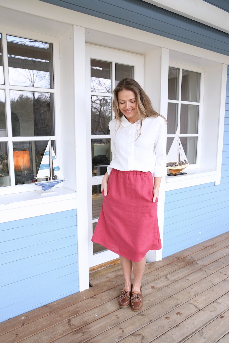 Peter Pan Collar Shirt, White Shirt, Linen Top, Classic Linen Shirt, Washed Linen Blouse, Denim Shirt, Plus Size Clothing, Maxi Top, Retro image 4