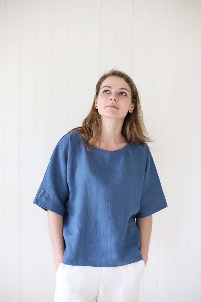 Japanese style linen blouse with kimono sleeves. Washed soft linen top. Women's linen blouse. image 1