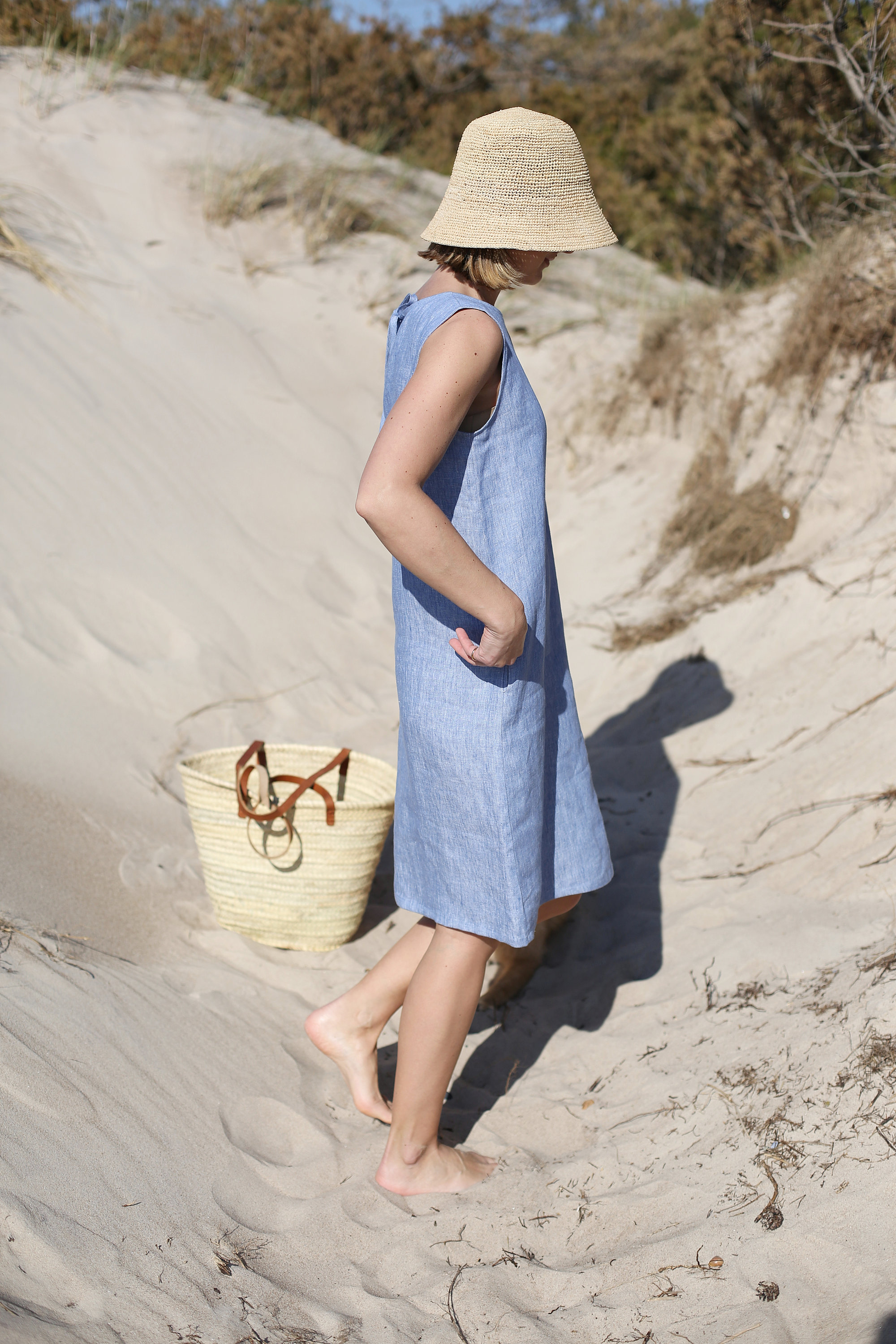 French Washed Linen Dress, Sleeveless Midi A-Line with Bow