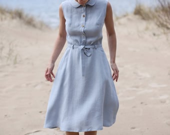 Blue Linen Dress with Peter Pan Collar | Sleeveless Button-Down