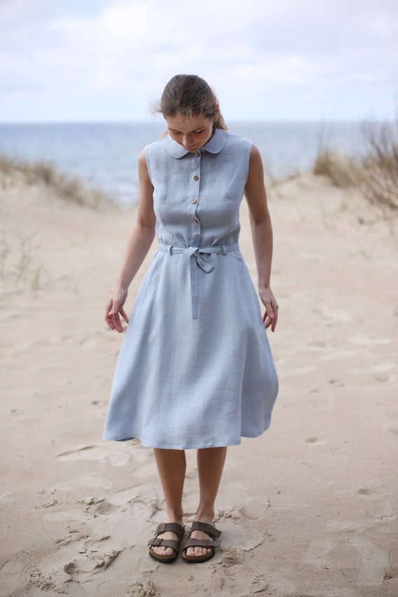 Blue Linen Dress With Peter Pan Collar | Sleeveless Button-down
