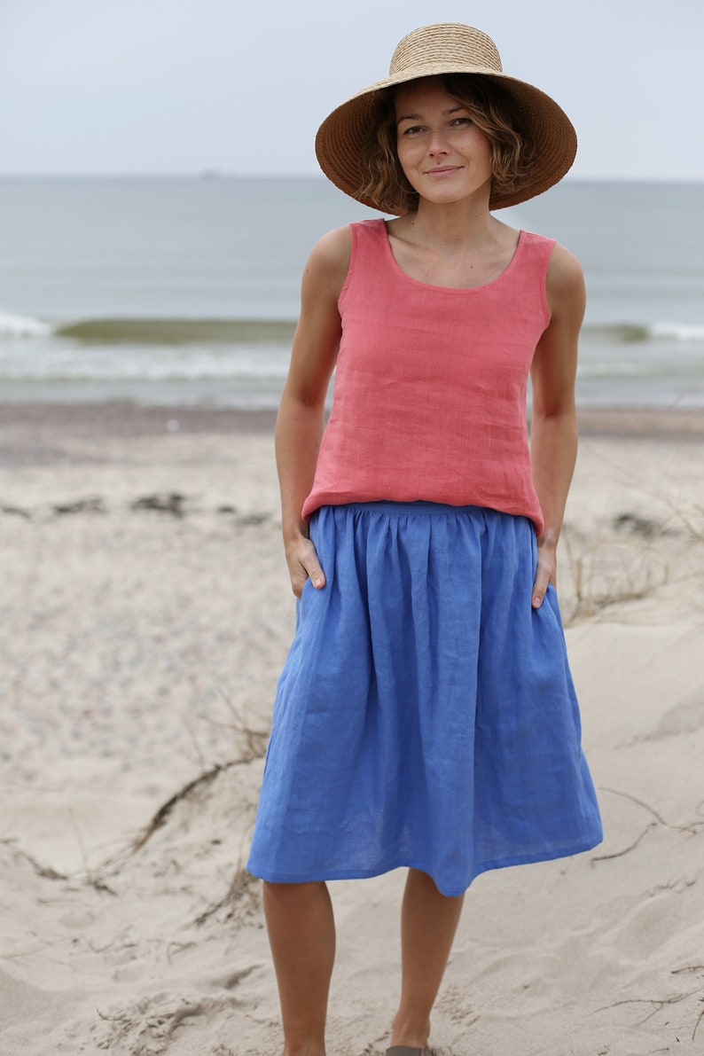 Bellow The Knee Length Linen Skirt With Elastic Waist Washed Linen Skirt With Pockets Wide Skirt Midi Linen Skirt Mid Rise Waist image 1