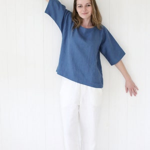 Japanese style linen blouse with kimono sleeves. Washed soft linen top. Women's linen blouse. image 2