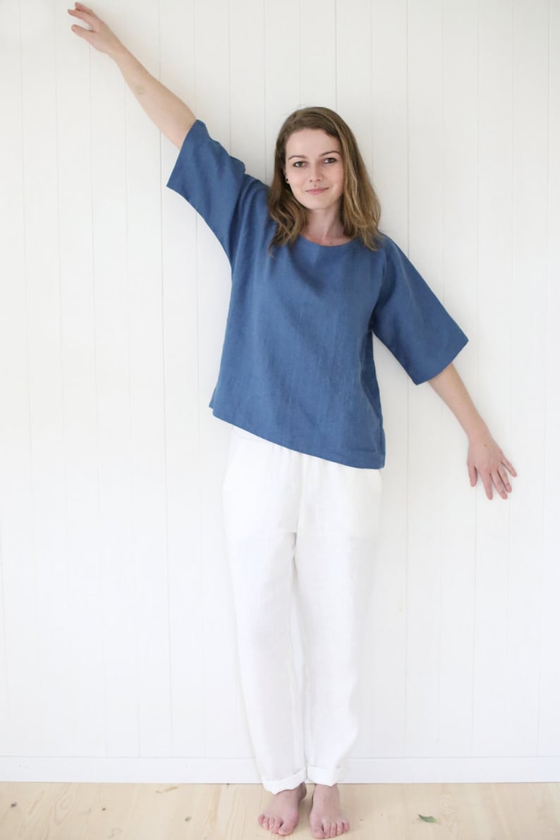 Japanese style linen blouse with kimono sleeves. Washed soft linen top. Women's linen blouse. image 2