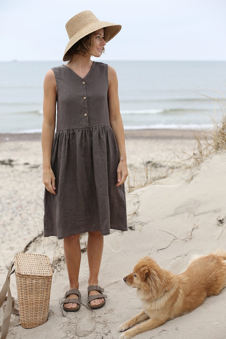 Linen Loose Sleeveless MAMA Dress With Front Buttons In Middi Length Oversized Linen Dress With Side Pockets Washed And Soft Linen Dress image 1