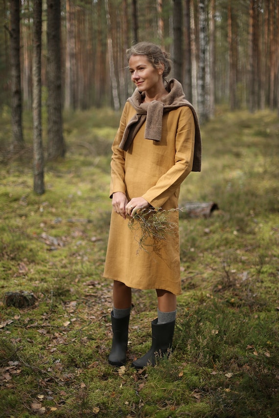 Handmade Stone Washed Linen Dress, Long Sleeve Midi Dress with Pockets