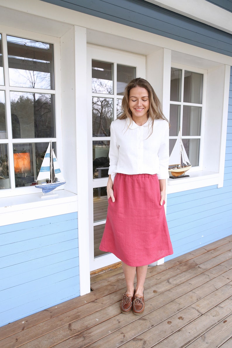 Peter Pan Collar Shirt, White Shirt, Linen Top, Classic Linen Shirt, Washed Linen Blouse, Denim Shirt, Plus Size Clothing, Maxi Top, Retro image 3