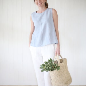 Minimal sleeveless linen blouse in Light Blue. Washed linen handmade top. image 4