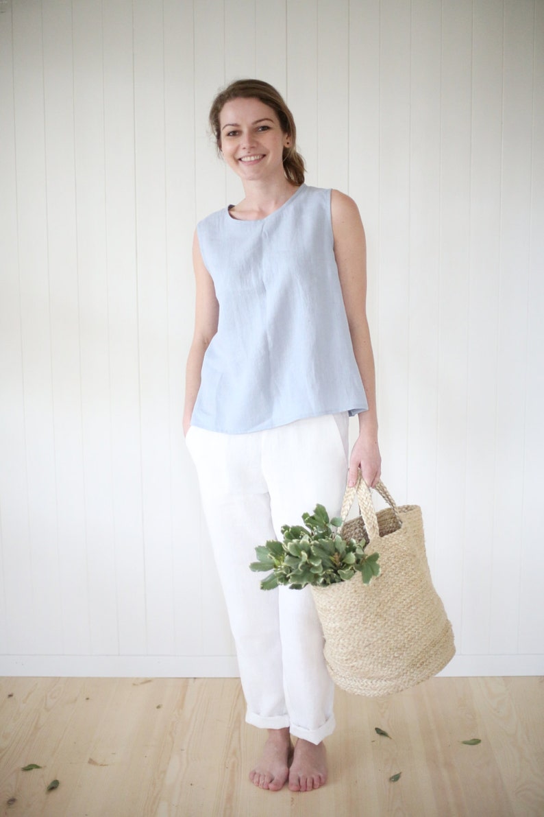 Minimal sleeveless linen blouse in Light Blue. Washed linen handmade top. image 4