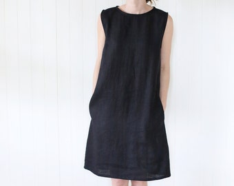 Japanese Classic Linen Dress | Dress With Side Pockets | Dress With An Opening Back | Black Little Dress | French Dress | Tunica |