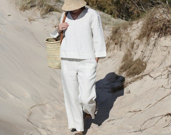 High Waist Wide Leg Linen Pants. Women's Trousers with an elastic waist.  Wide Straight Linen Pants with pockets. Linen pantaloons. Striped.