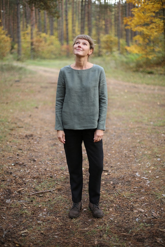 Handmade Minimalist Linen Blouse, Long Sleeve Oversized Top