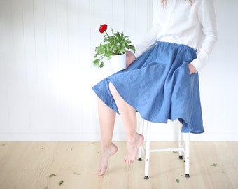 Circle Silhouette Linen Skirt With Elastic Waist | Washed Linen Skirt With Pockets | Circle Skirt | Wide Skirt |  Midi Linen Skirt