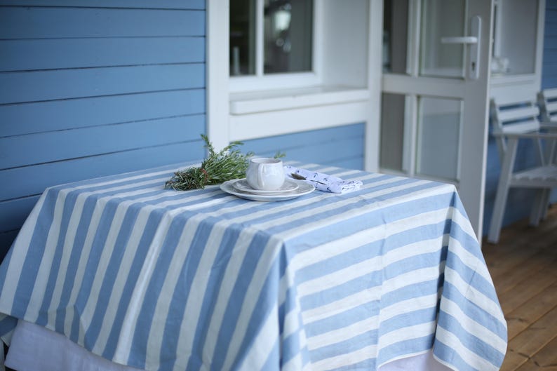 Handmade Linen Tablecloth | Home Table Decoration | Striped Blue