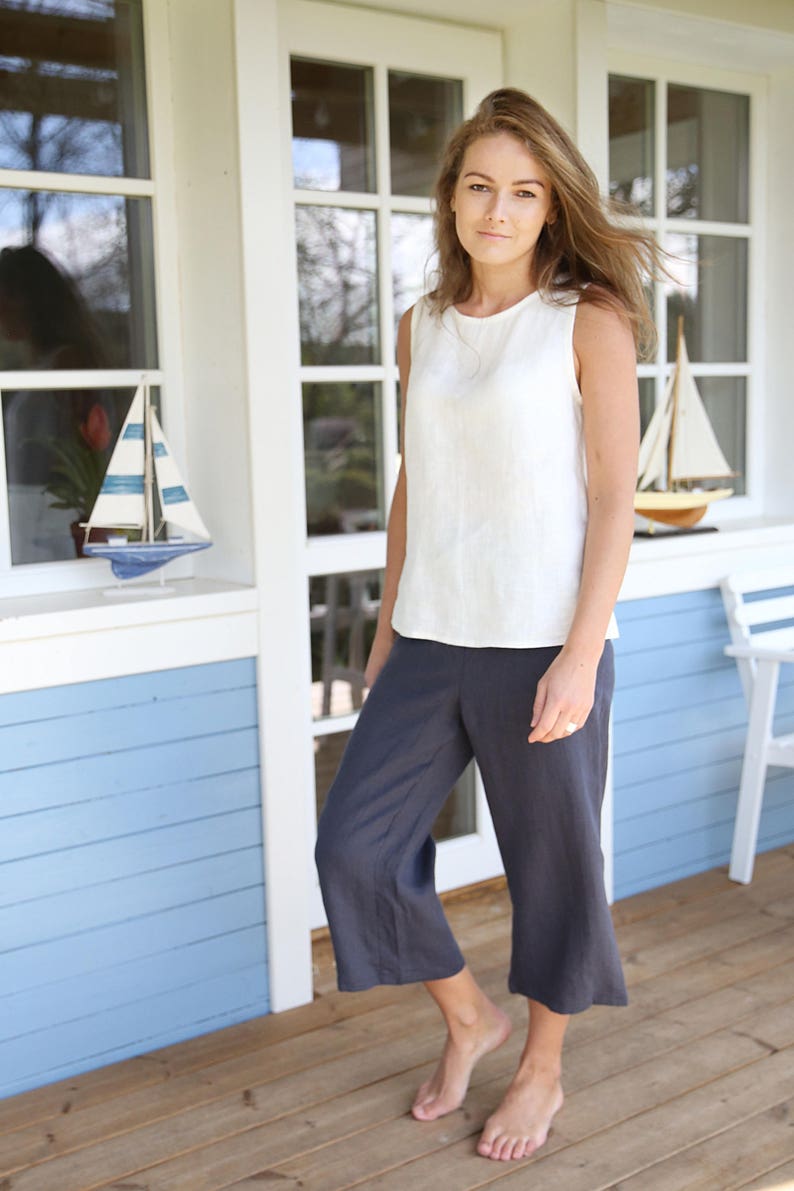 Sleeveless Linen Blouse. Washed soft linen top. Women's shirt. Loose linen blouse. White top. image 3