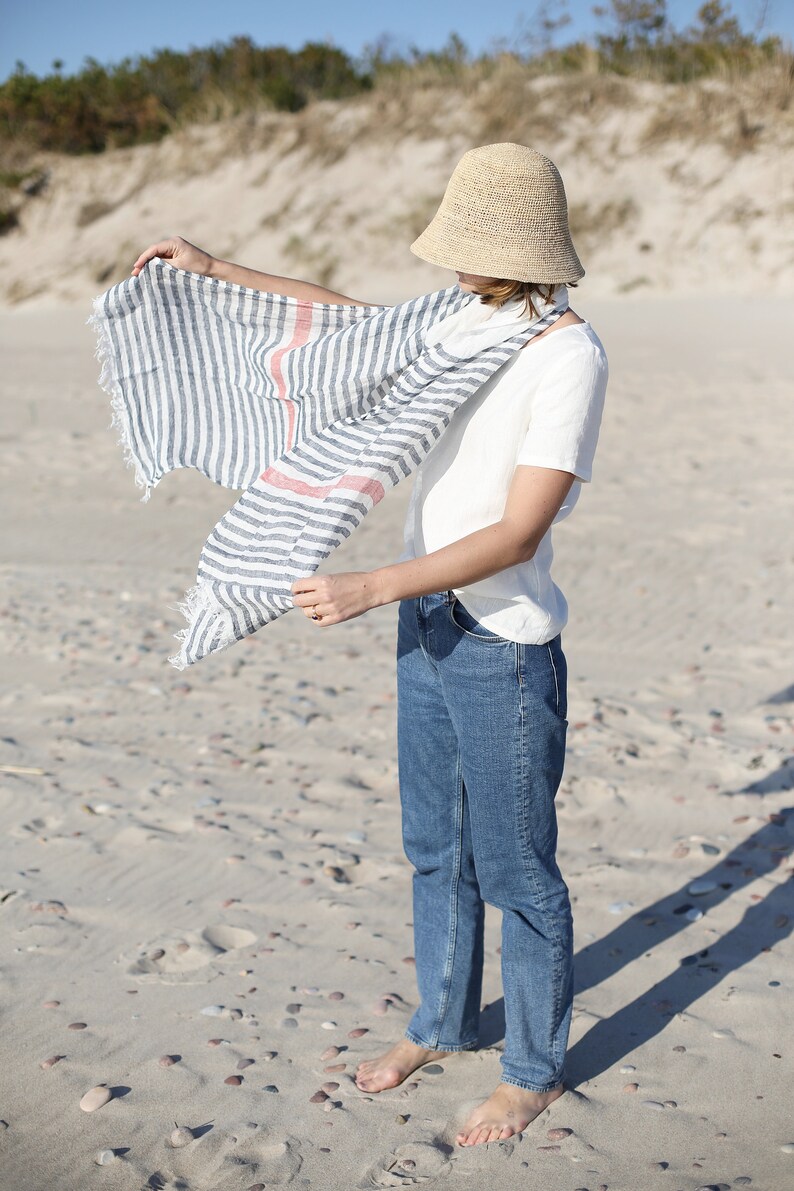 Striped Linen Scarf. Women Scarves. Linen Shawl. Women Linen Scarf. Handmade Accessories. Unisex Scarf. Ready to ship. image 2