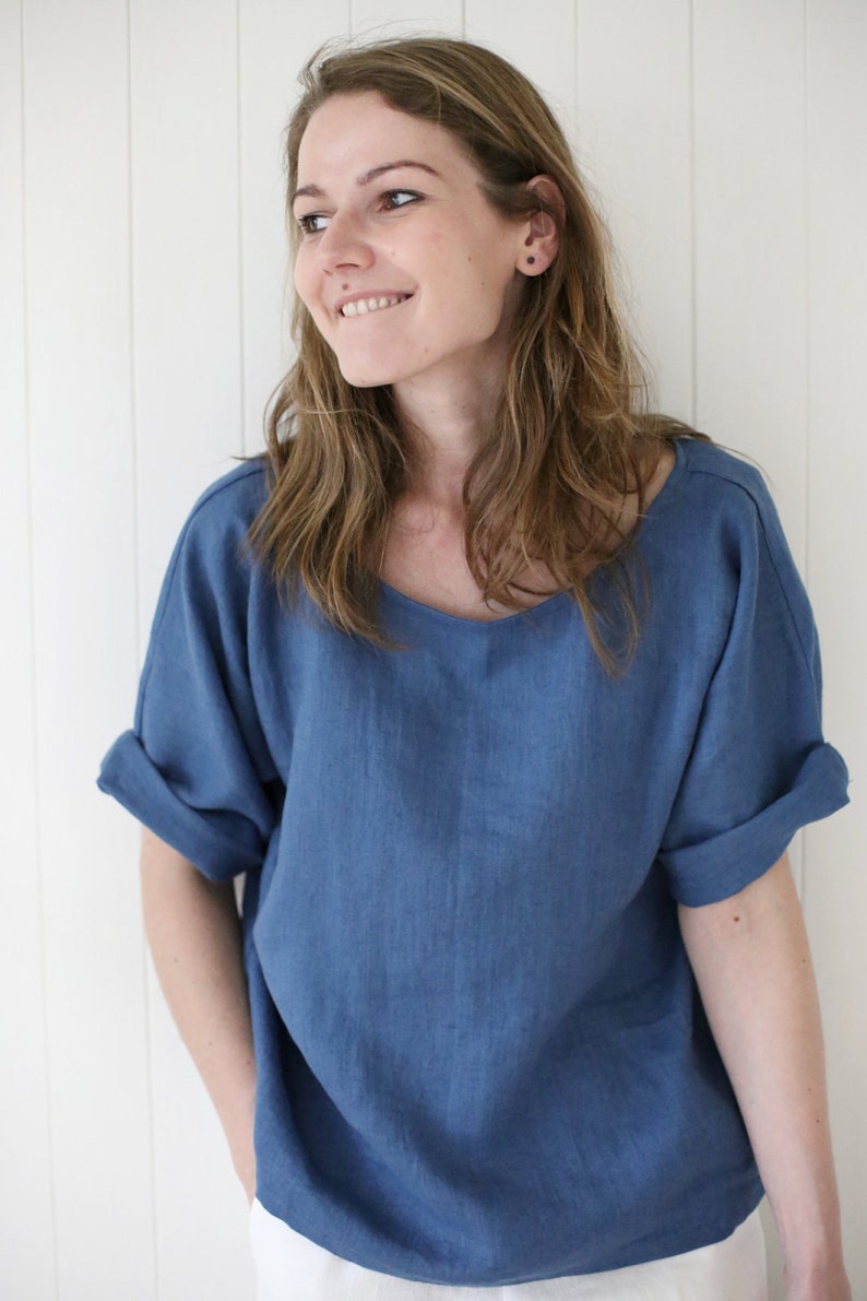 Japanese style linen blouse with kimono sleeves. Washed soft linen top. Women's linen blouse. image 3