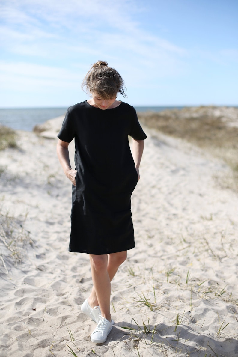 Loose fit linen dress. Knee length, short sleeve linen dress with pockets. Washed linen clothing. Little Black Dress. Minimal Linen Dess. image 1