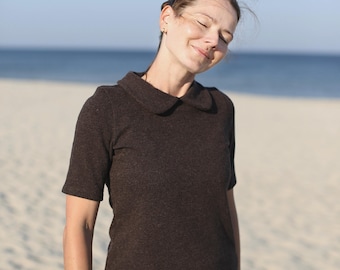 Handmade Virgin Wool Blouse | Peter Pan Collar, Eco Knit Top