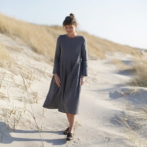 Long sleeve linen dress. Various colours available. Bellow-the-knee-length, loose-fit autumn dress. Stone washed linen clothing for women.