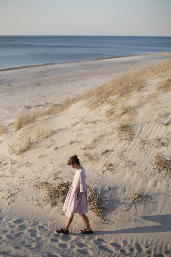 Handmade Linen Dress, 3/4 Sleeve Pleated Tunic, Dusty Rose