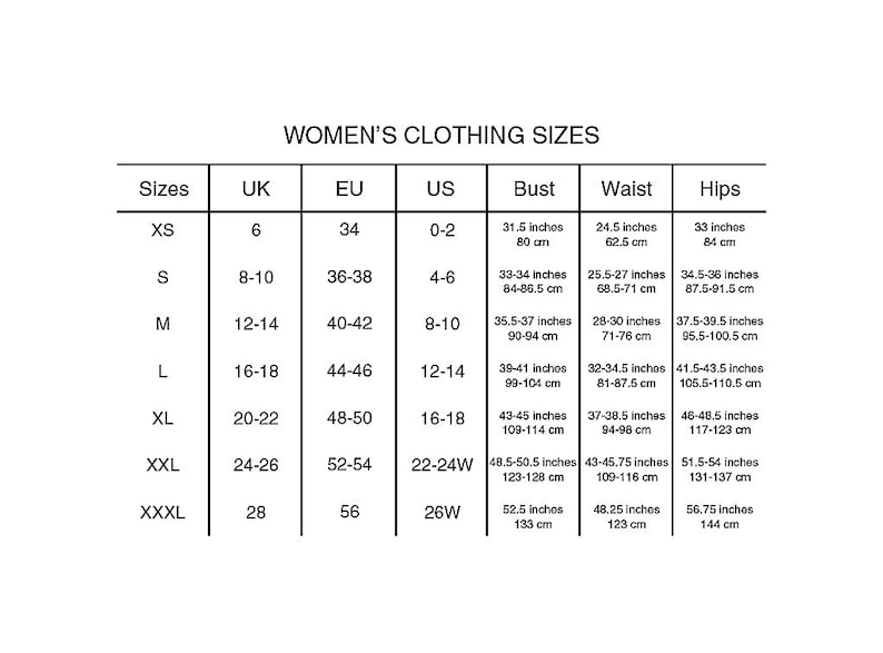 Puede incluir: Un gr&aacute;fico que muestra las tallas de ropa para mujeres en tallas de EE. UU., Reino Unido y UE. El gr&aacute;fico incluye medidas de busto, cintura y caderas en pulgadas y cent&iacute;metros.
