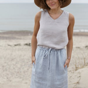 Skirt With Adjustable Waist Midi Skirt Washed Linen Skirt Skirt With Pockets Washed Soft Linen Skirt image 3