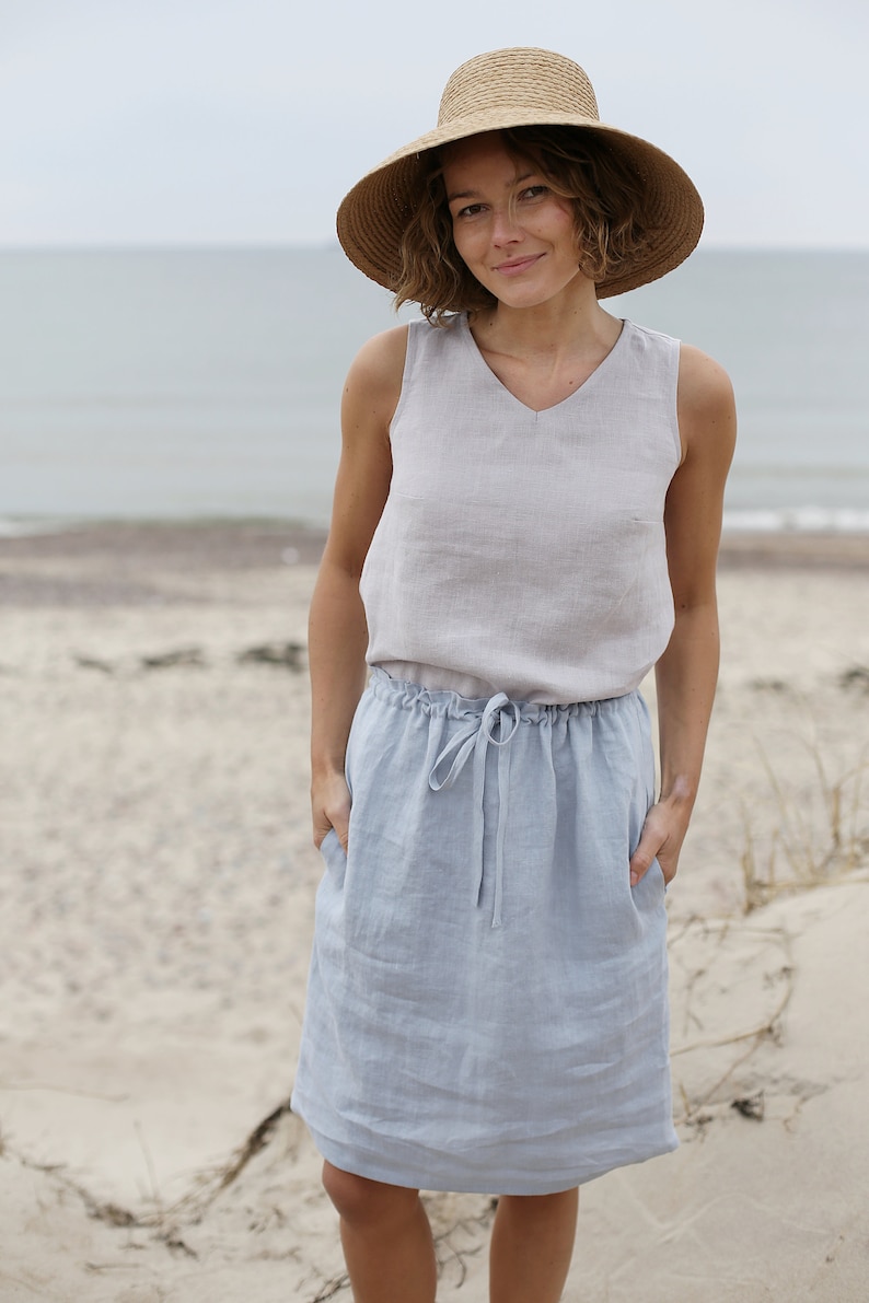 Skirt With Adjustable Waist Midi Skirt Washed Linen Skirt Skirt With Pockets Washed Soft Linen Skirt image 3