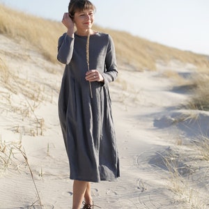 Long Sleeve Linen Dress. Various Colours Available. Bellow-the-knee ...